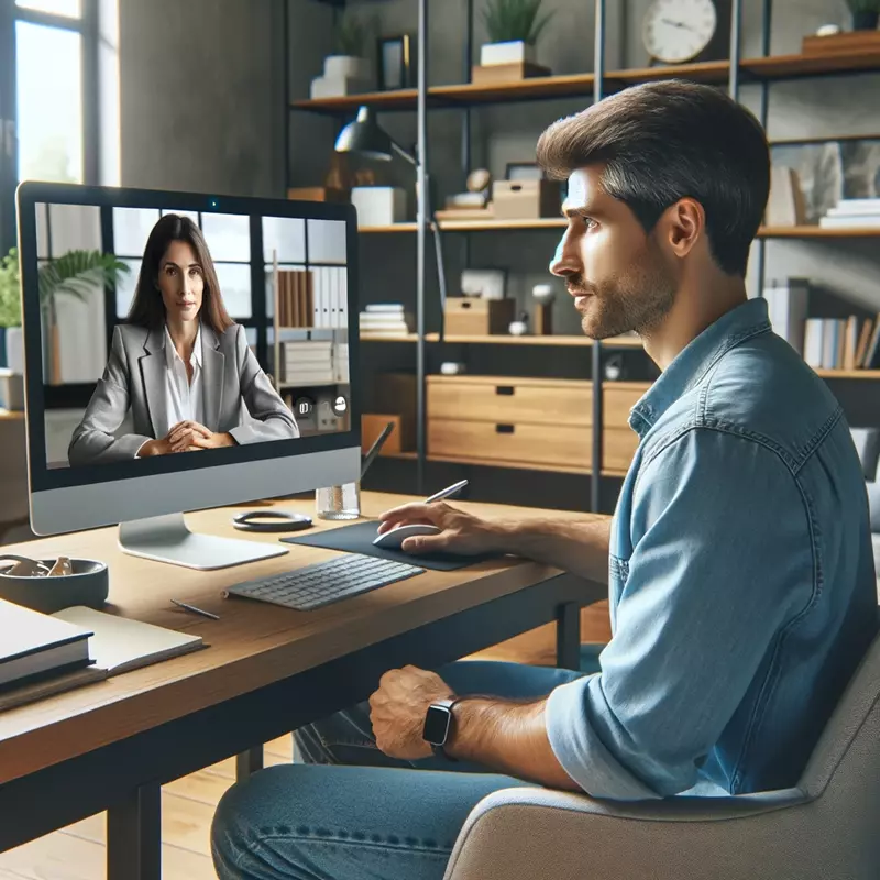DALL·E 2024-03-17 22.10.52 - A realistic image of a Chilean man having a video call on a computer with a female psychologist. The setting is a well-organized home office with a co (Copy)